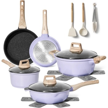Just Perfecto Комплект съдове за готвене Just Perfecto JL-34, 13 части, Алуминии, Мраморно покритие, Стъклени капаци с отвор за пара, Без PTFE и PFOA, Индукция, Лилав (JL-34)
