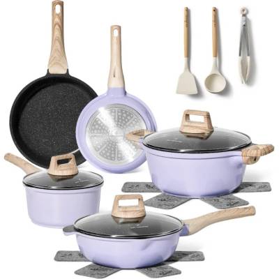 Just Perfecto Комплект съдове за готвене Just Perfecto JL-34, 13 части, Алуминии, Мраморно покритие, Стъклени капаци с отвор за пара, Без PTFE и PFOA, Индукция, Лилав (JL-34)