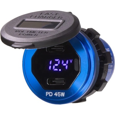 34595 2x USB-C nabíječka s voltmetrem/wattmetrem, hliníková do panelu, 90W