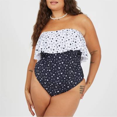 Brave Soul Дамски бански костюм Brave Soul Womens Plus Size One Piece Bardot Swimsuit with Frill Detail - Black/White