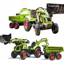 Falk šliapací traktor 2070W Claas backhoe s prednou a zadnou lyžicou a prívesom