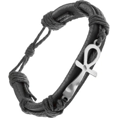 Šperky eshop černý kožený se šňůrkami nilský kříž stříbrný Z22.07