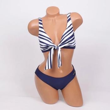 Image 1 of Тъмносин бански с бели ленти и панделка - чашка В