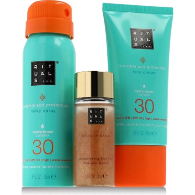 Rituals The Ritual Of Karma hydratačný olej s trblietkami 30 ml + ochranný krém na tvár SPF 30 50 ml + ochranný sprej SPF 30 50 ml