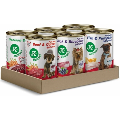 JK ANIMALS Premium Mix 60% Meat hovězí s mrkví kachní s borůvkami ryba s dýní zvěřina s mrkví krůtí s jablky 6 x 400 g