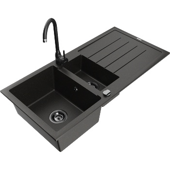 Mexen Andres гранитна мивка 1, 5-коморна с отцедник и кухненски смесител Telma, черно/златно - 6515-75-670200-70-B (6515-75-670200-70-B)