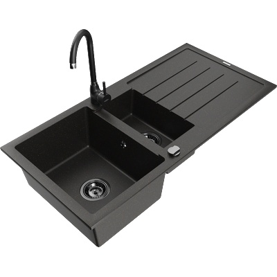 Mexen Andres гранитна мивка 1, 5-коморна с отцедник и кухненски смесител Telma, черно/златно - 6515-75-670200-70-B (6515-75-670200-70-B)