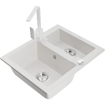 Mexen Carlos гранитна мивка 1, 5-камерна с кухненски смесител Rita, бял - 6518-20-670300-20 (6518-20-670300-20)