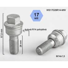 Šroub na kola M14x1,5x28 koule R14 pohyblivá, klíč 17