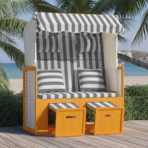 vidaXL Strandkorb с възглавници, полиратан и дърво масив, бяло и сиво (318663)