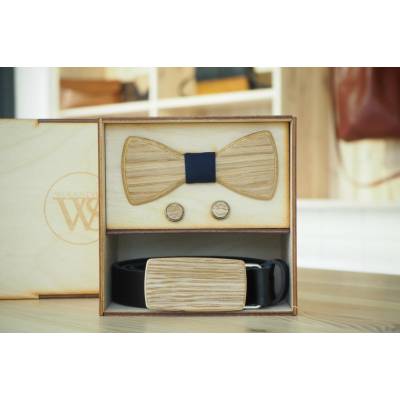 Wood Style Set Kulatý Modrotisk opasek motýlek a manžetové knoflíčky Hnědá Dub