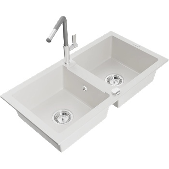 Mexen Mario гранитна мивка с 2 отделения и кухненски смесител Flora, бял (6504-20-670401-06)