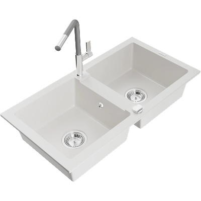 Mexen Mario гранитна мивка с 2 отделения и кухненски смесител Flora, бял (6504-20-670401-06)