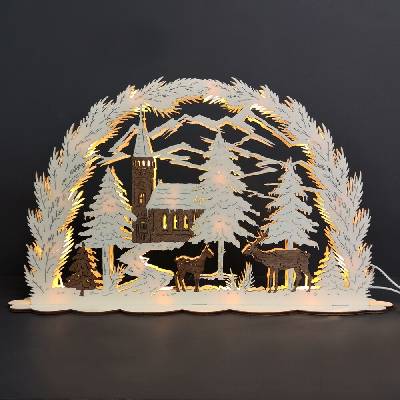 AMADEA Dřevěný svítící portál s motivem kostela dýhový 53x31x10 cm