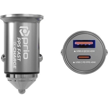 Prio Двойно Зарядно за Кола USB-C/A, Prio 45W Mini Metal Car Charger, Сребрист (PCC-1104)