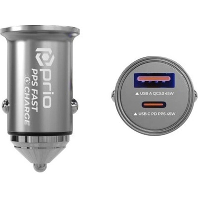 Prio Двойно Зарядно за Кола USB-C/A, Prio 45W Mini Metal Car Charger, Сребрист (PCC-1104)