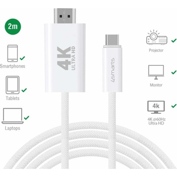 Image 1 of 4smarts 4K 60Hz USB-C to HDMI Cable - кабел с поддръжка на 4K за свързване от USB-C към HDMI (200 см) (бял)