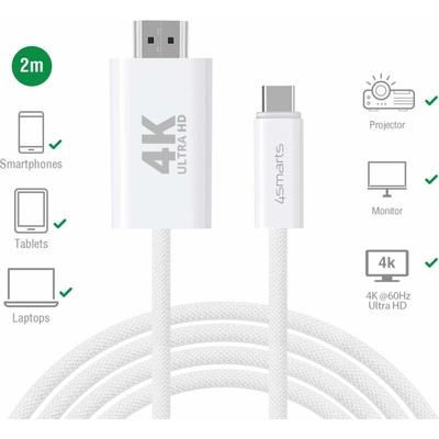 4smarts 4K 60Hz USB-C to HDMI Cable - кабел с поддръжка на 4K за свързване от USB-C към HDMI (200 см) (бял)