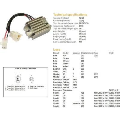 DZE regulátor napětí SUZUKI GN 125 91-01; GN 250 88-01; GS 125 99-00; EN 125 03-08; BETA (ESR142) (32800-29B00)