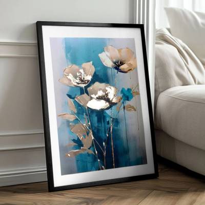 Plagát na stenu s EXTRA efektom - Teal Flowers - 40x60 cm
