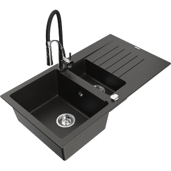Mexen Matias гранитна мивка с 1, 5 камери с отцедник и кухненски смесител Aster, черно/златист металик - 6502-75-73450-07 (6502-75-73450-07)
