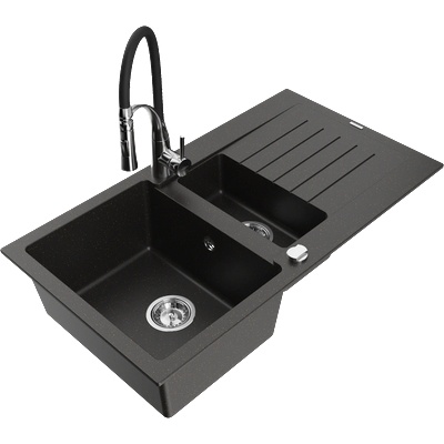 Mexen Matias гранитна мивка с 1, 5 камери с отцедник и кухненски смесител Aster, черно/златист металик - 6502-75-73450-07 (6502-75-73450-07)