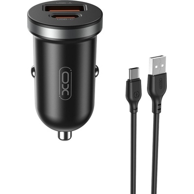 XO Бързо зарядно 30W за кола XO car charger CC56 PD 30W QC 1x USB 1x USB-C, С кабел USB - USB-C cable, Черно (CC56)