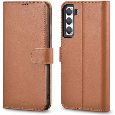 ICARER Haitang Leather Wallet Case - кожен (естествена кожа) калъф, тип портфейл за Samsung Galaxy S22 (кафяв)