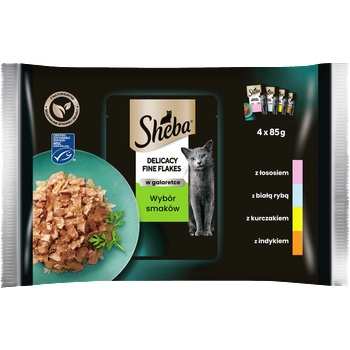 Sheba Delicacy Fine Flakes Selection of Flavours пакетчета 4x85g - пълноценна влажна храна за възрастни котки, в желе (парчета със: сьомга, бяла риба, пиле, пуйка)