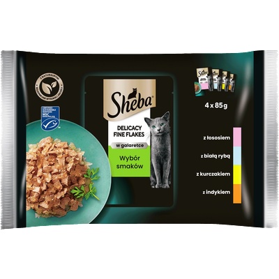 Sheba Delicacy Fine Flakes Selection of Flavours пакетчета 4x85g - пълноценна влажна храна за възрастни котки, в желе (парчета със: сьомга, бяла риба, пиле, пуйка)