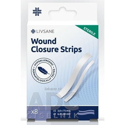 Livsane Náplasťové Stehy Sterile 2 veľkosti (3x75 mm, 6,4x80 mm) 1x8 ks