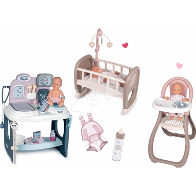 Smoby Set zdravotnický pult pro lékaře Baby Care Center s jídelní židličkou a postýlka s klokankou a lahví