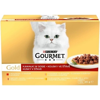 Gourmet Gold hovädzie, morka a kačica, losos a kura, kura a pečeň 12 x 85 g