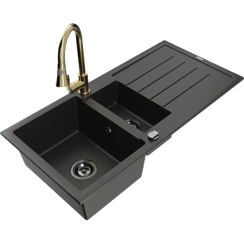 Mexen Andres гранитна мивка с 1, 5 камери с отцедник и кухненски смесител Elia, черно/златно металик - 6515-75-670101-50-B (6515-75-670101-50-B)