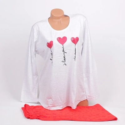 Макси дамска пижама в бледосив и червен цвят със сърца