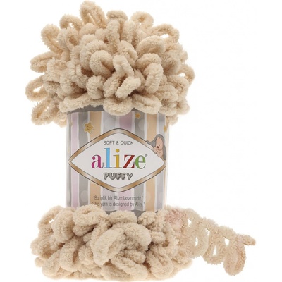 Alize Příze s oky PUFFY pro ruční pletení bez jehlic 310 světle béžová, efektní, 100g/9,2m