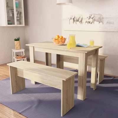 vidaXL Трапезна маса и пейки, 3 части, инженерно дърво, дъб (244866)