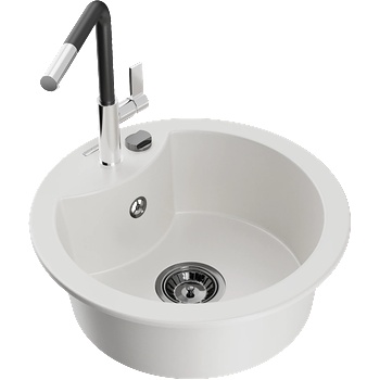 Mexen Diego гранитна мивка с 1 камера и кухненски смесител Flora, бял - 6512-20-670401-07-B (6512-20-670401-07-B)