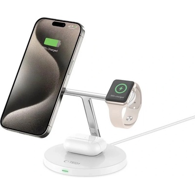 3-in-1 Inductive Wireless Charging Station Qi15W-A35 - тройна поставка (пад) за безжично зареждане за iPhone с Magsafe, Apple Watch и AirPods (бял)