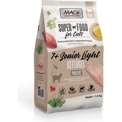 MAC's Mac’s 7+ Senior Chicken/ Light - Супер премиум суха храна за котки над 7 годишна възраст, без зърно , с пилешко месо , червена боровинка и картофи 1.5 кг