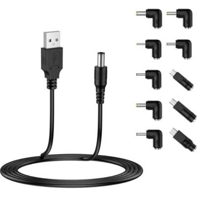 Techsuit - (11 броя) Кабел-адаптер ChargeNest (AC21) - USB към 7x DC Barrel, жак адаптер, Type-C, Mini-USB, Micro-USB - Черен
