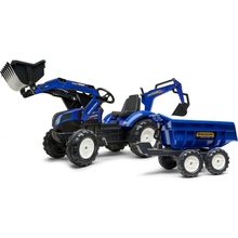 FALK Šlapací traktor New Holland T8 s nakladačom rypadlom a maxi vlečkou modrý