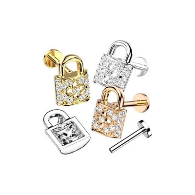 Piercingate Labreta zámek s kamínky PLA00290 stříbrná/Čirá