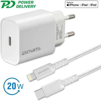 4smarts Wall Charger VoltPlug PD 20W - захранване за ел. мрежа с USB-C изход и Lightning към USB-C кабел за Apple устройства (бял)