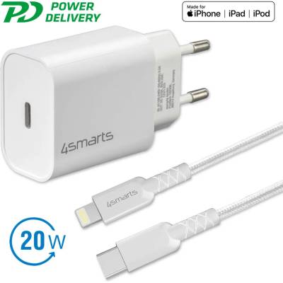 4smarts Wall Charger VoltPlug PD 20W - захранване за ел. мрежа с USB-C изход и Lightning към USB-C кабел за Apple устройства (бял)