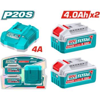 TOTAL Комплект акумулаторни батерии и зарядно TOTAL INDUSTRIAL, 20 V, 2 x 4.0 Ah, 3 части (TL IND TFBCPK2013E)