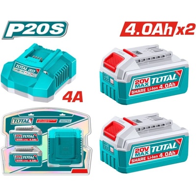 TOTAL Комплект акумулаторни батерии и зарядно TOTAL INDUSTRIAL, 20 V, 2 x 4.0 Ah, 3 части (TL IND TFBCPK2013E)