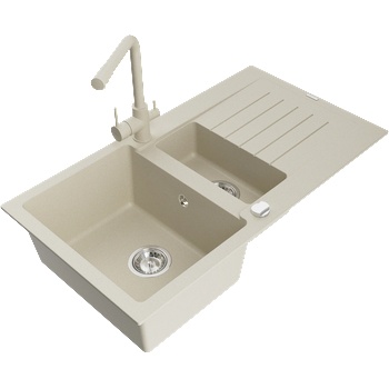 Mexen Matias гранитна мивка с 1, 5 отделения с отцедник и кухненски смесител Duero, бежов - 6502-69-671600-69 (6502-69-671600-69)