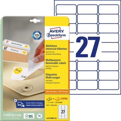 Avery-Zweckform L4737REV-25 63.5 x 29.6 mm papier biela 810 ks premiestniteľné univerzálne etikety atrament, laser, kópie; L4737REV-25