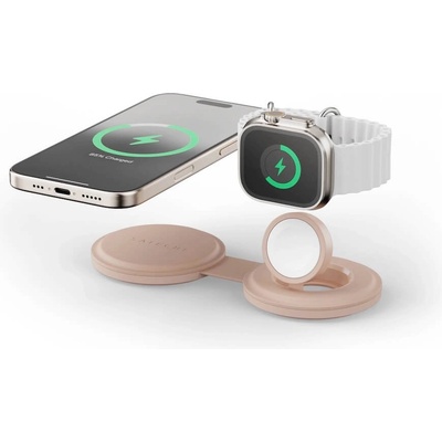 Satechi OntheGo 2-in-1 Qi2 Magnetic Wireless Charging Pad 15W - двойна поставка (пад) за безжично зареждане за iPhone с Magsafe и Apple Watch (розов)